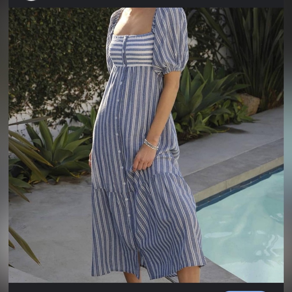 Blue Striped Puff-Sleeve Midi Dress